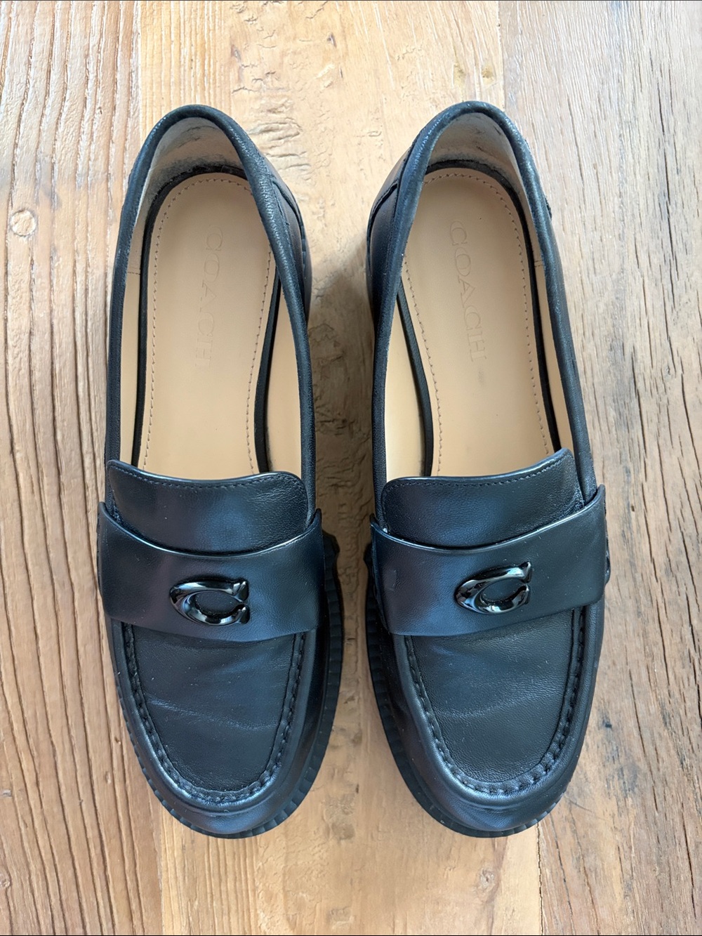 Coach Black Leather Penny Loafers with Signature Hardware